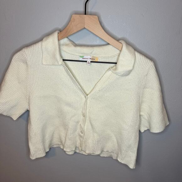 Hazel Moon Cream Ribbed Knit Collared Crop Top, Size XL - Picture 1 of 3